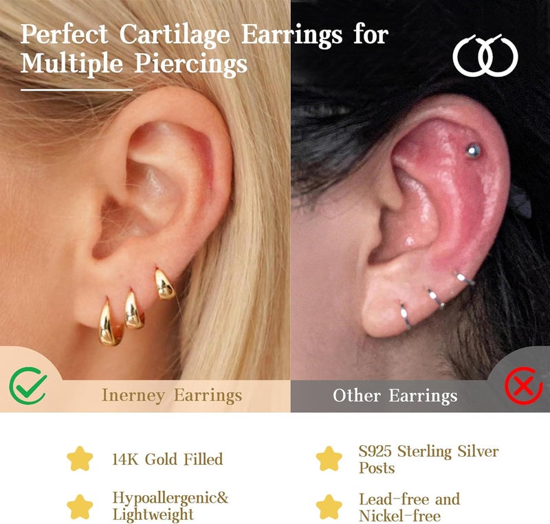 Inerney 14K Gold Plated Huggie Hoop Earrings for Women, Small Sterling Silver Earring Set Hypoallergenic Cartilage Helix Stacks, Mini Dainty Cute Trendy Birthstone Jewelry Gift for Multiple Piercings - Image 3